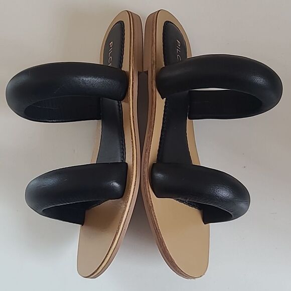 Anthropologie Pilcro Double Puff Strap Black Leather Slide Sandals Size 6 - Picture 9 of 14